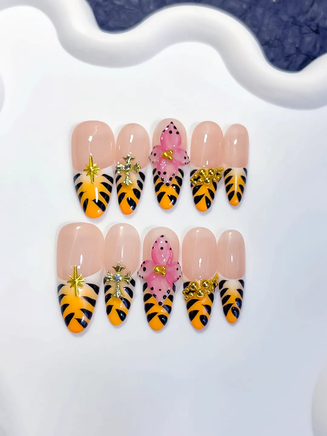 Long Nude Yellow Oval French tip Animal Print Bow