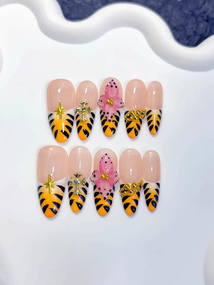 Long Nude Yellow Oval French tip Animal Print Bow