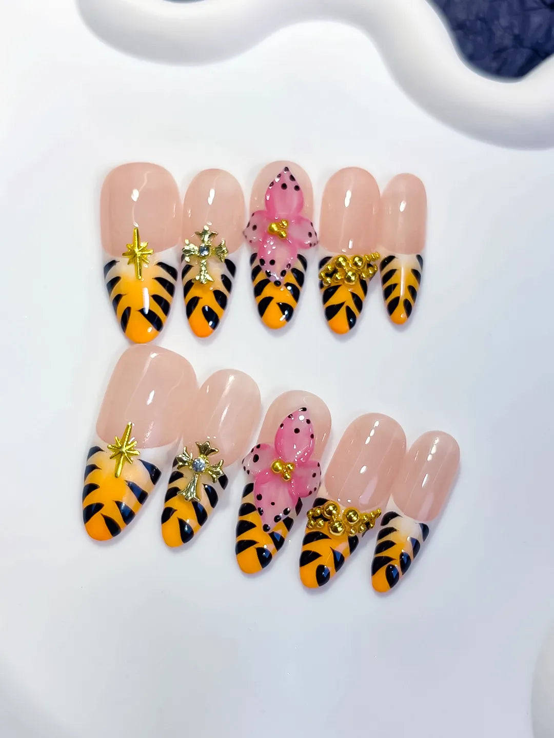 Long Nude Yellow Oval French tip Animal Print Bow