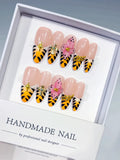 Long Nude Yellow Oval French tip Animal Print Bow