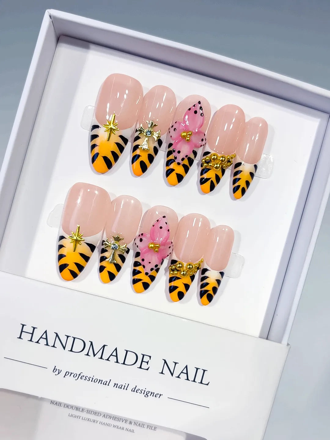 Long Nude Yellow Oval French tip Animal Print Bow
