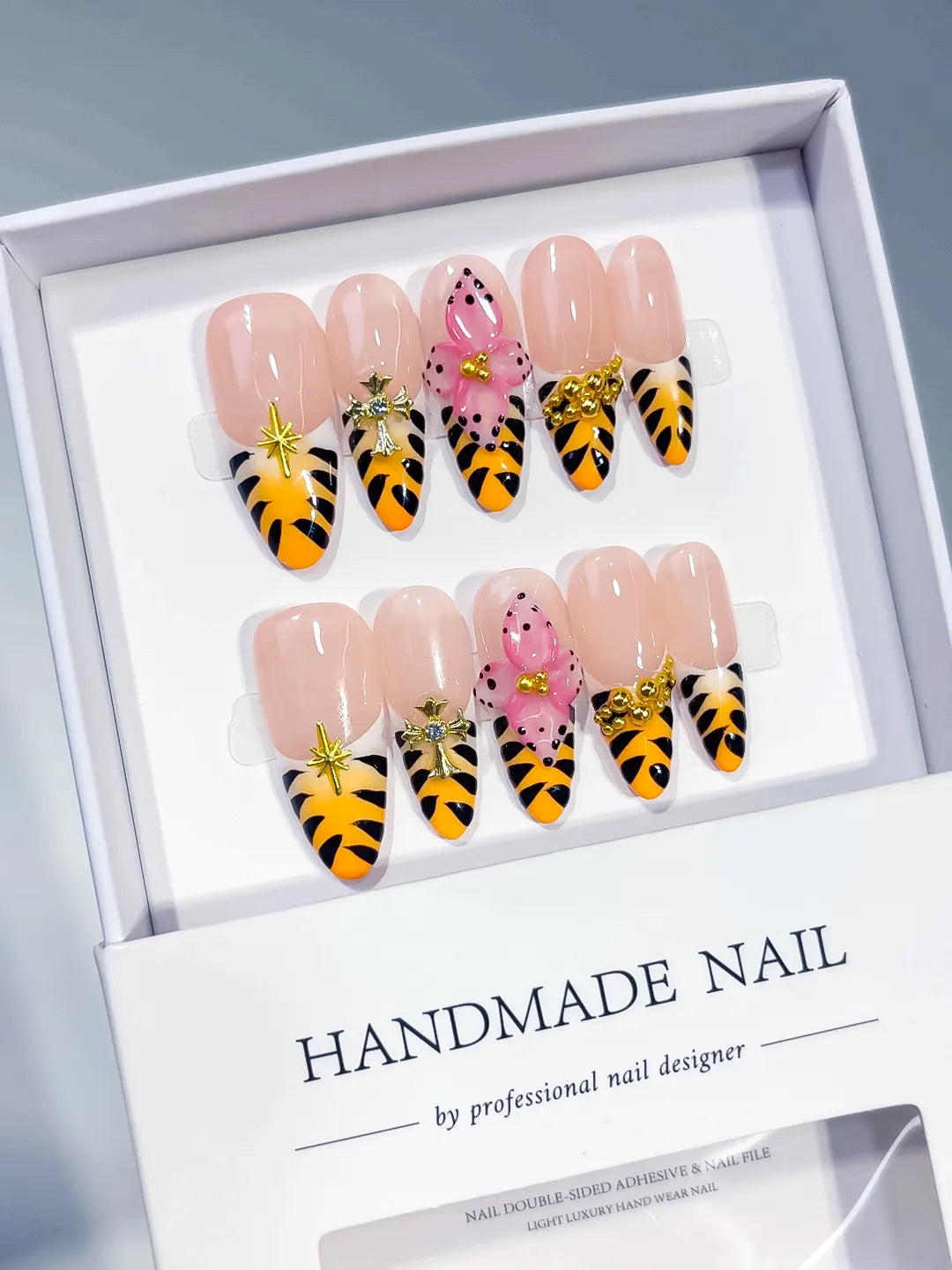 Long Nude Yellow Oval French tip Animal Print Bow