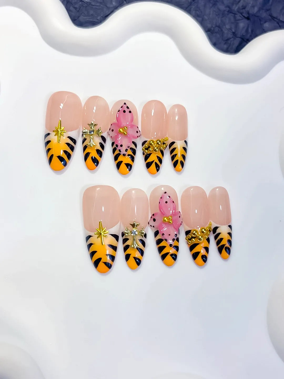 Long Nude Yellow Oval French tip Animal Print Bow