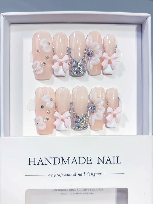 Long Nude White Square Solid color Flower Bow