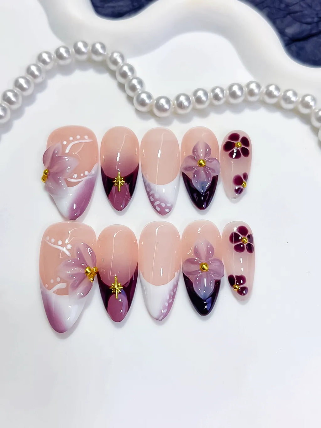 Medium Nude Purple Almond French tip Flower