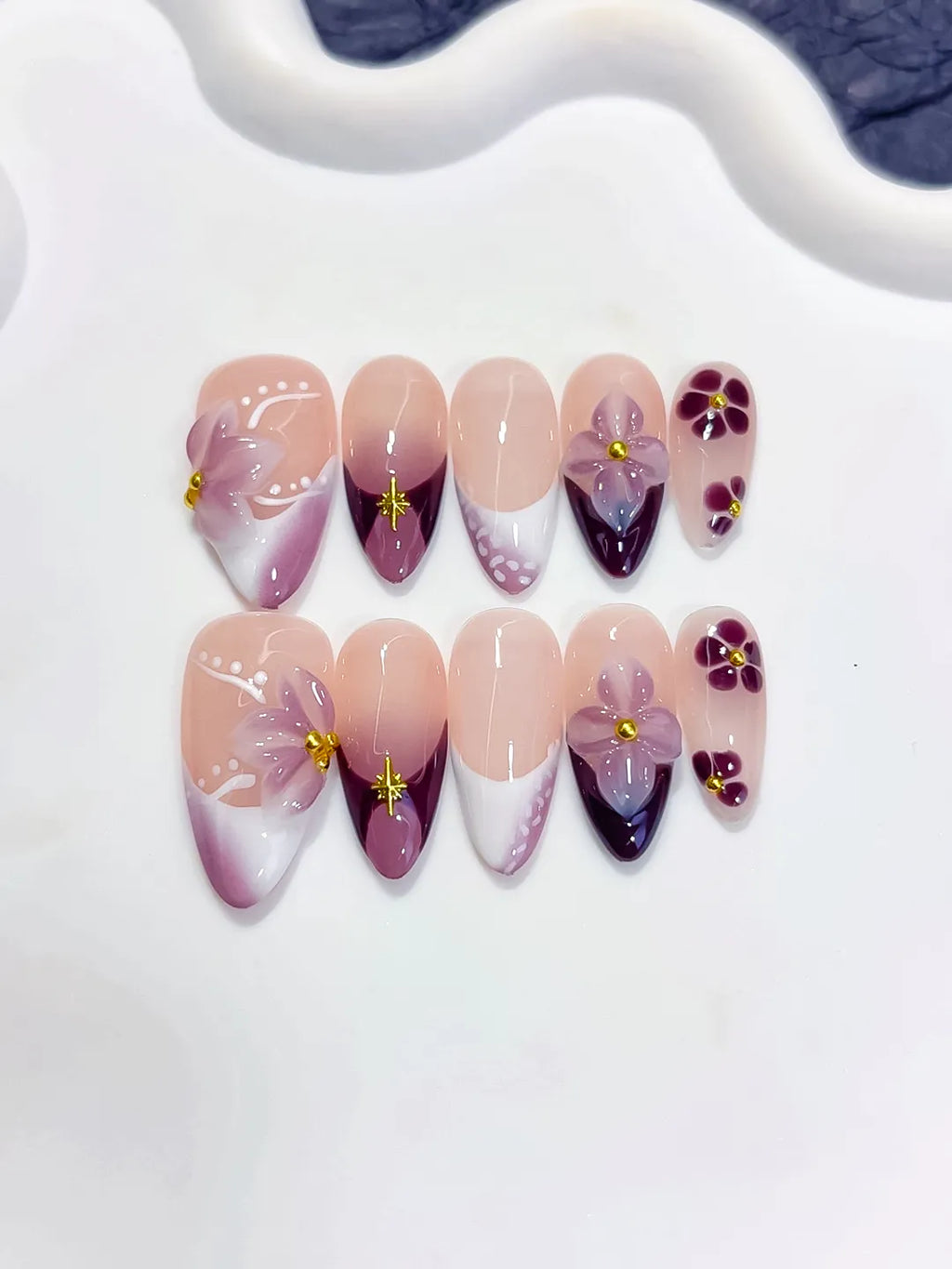 Medium Nude Purple Almond French tip Flower