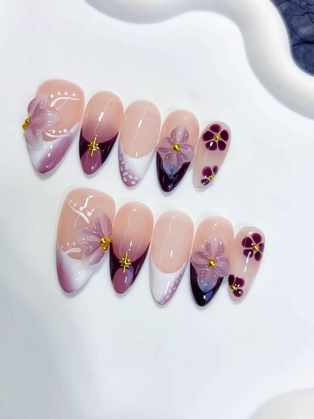 Medium Nude Purple Almond French tip Flower