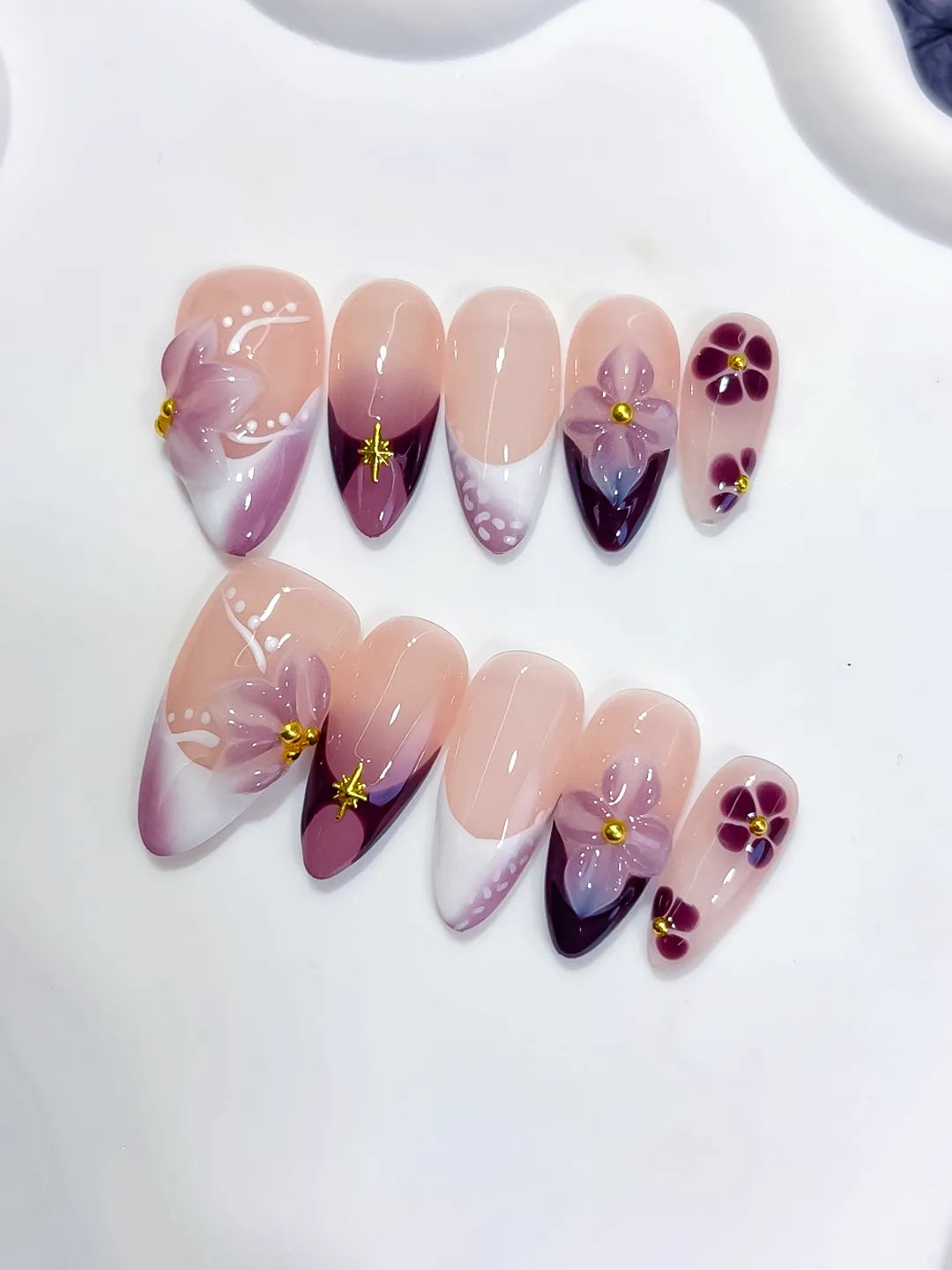 Medium Nude Purple Almond French tip Flower
