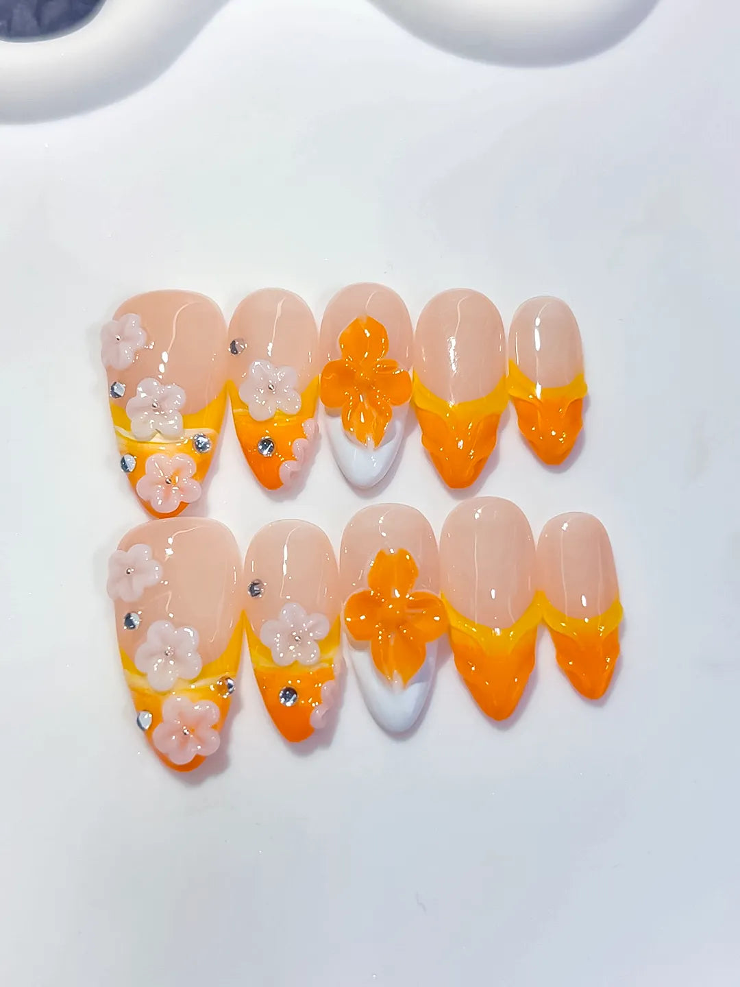 Medium Nude Orange Almond French tip Flower Rhinestone