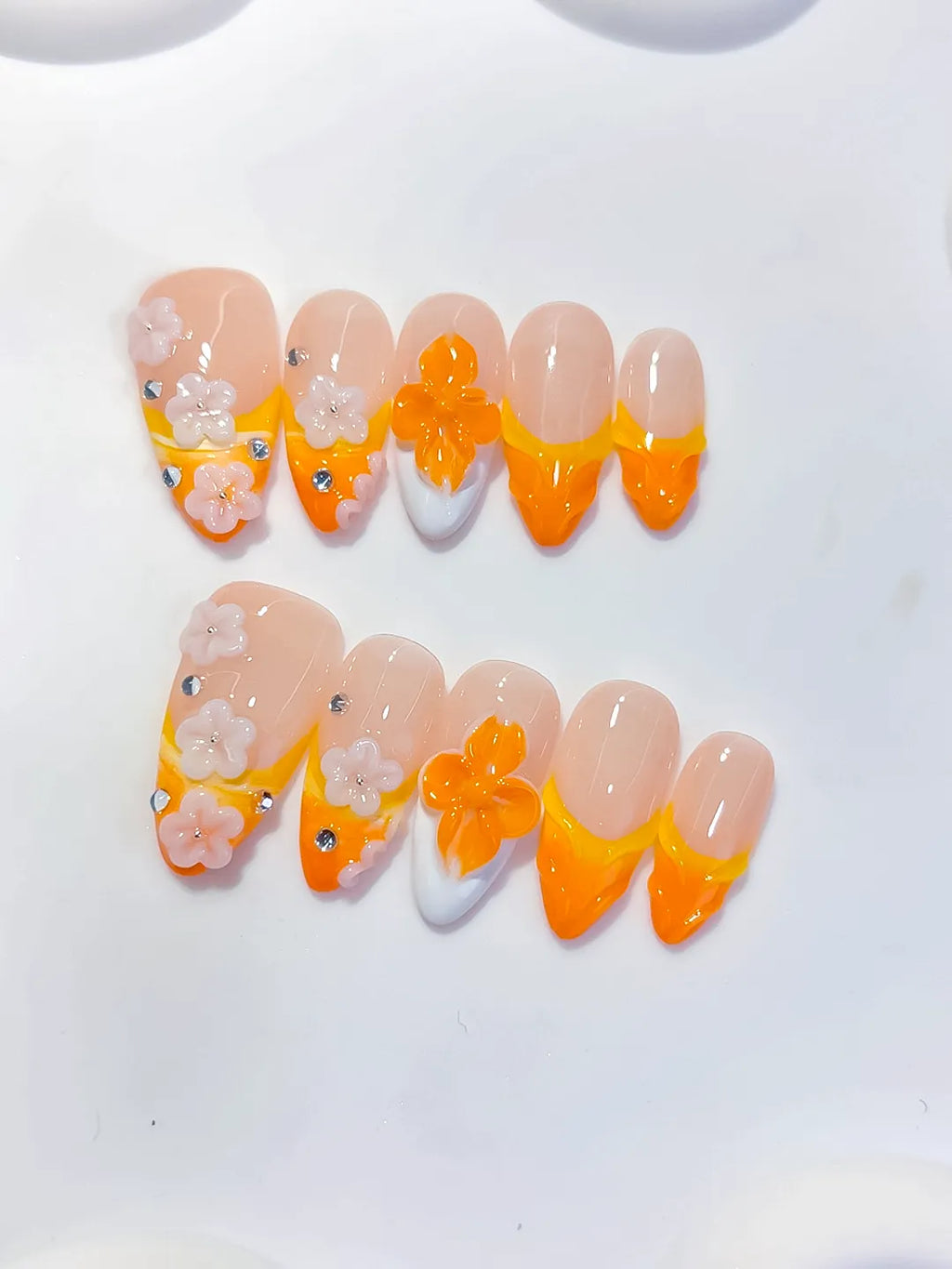 Medium Nude Orange Almond French tip Flower Rhinestone