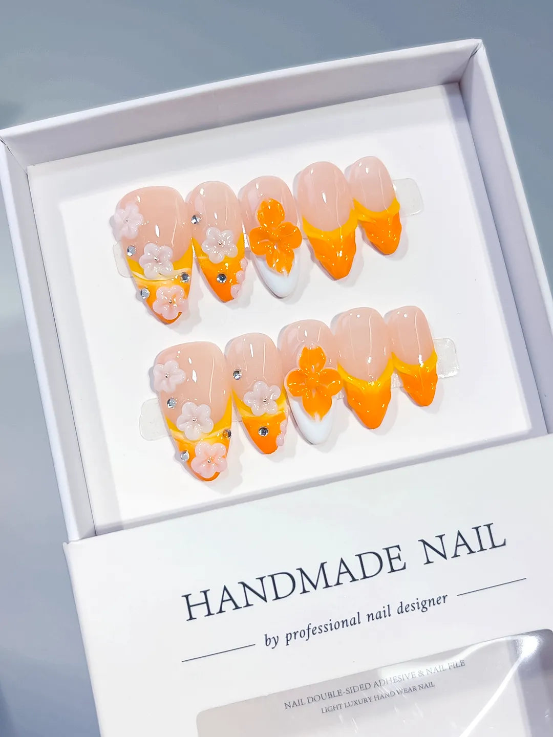 Medium Nude Orange Almond French tip Flower Rhinestone