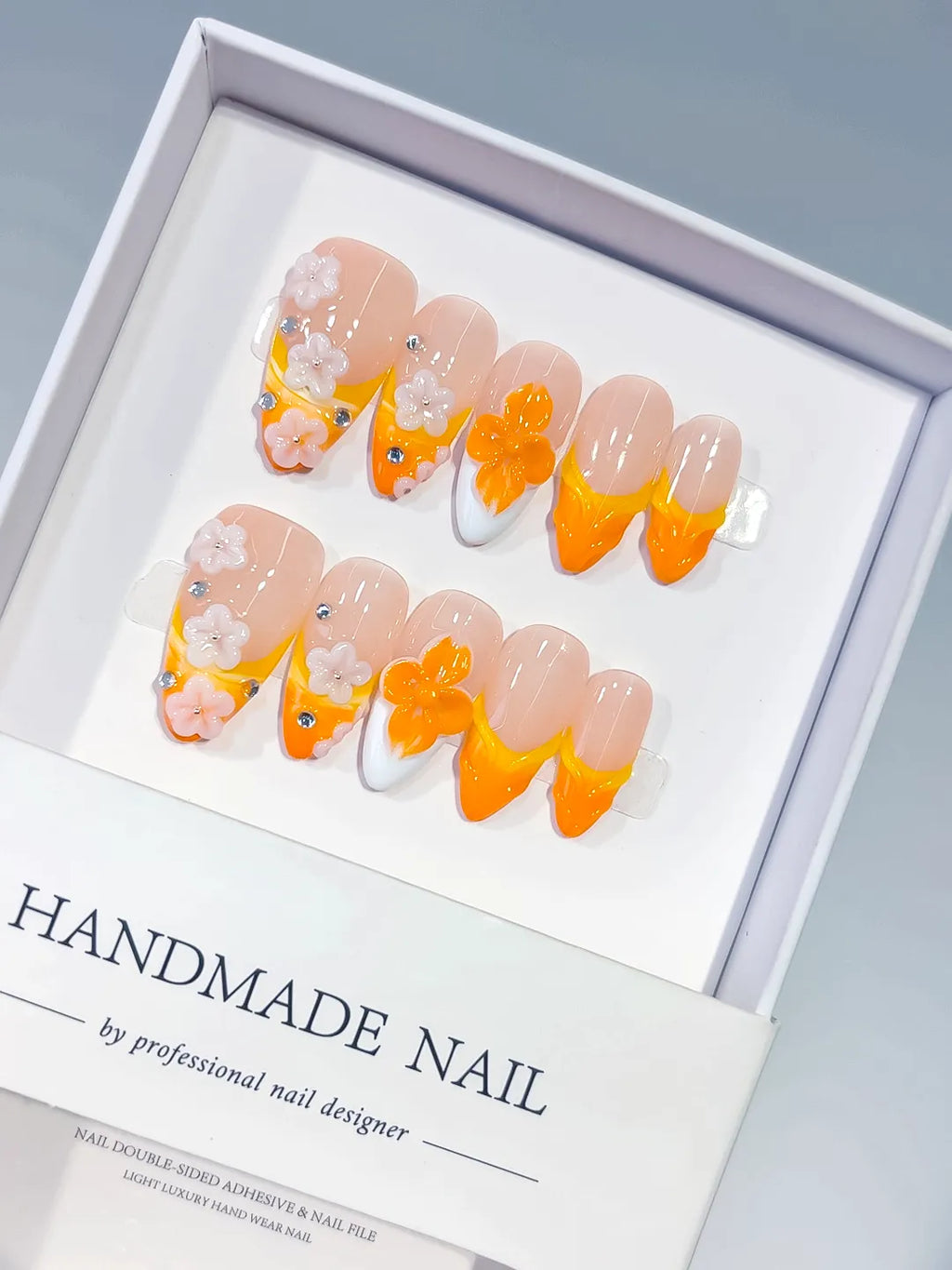 Medium Nude Orange Almond French tip Flower Rhinestone