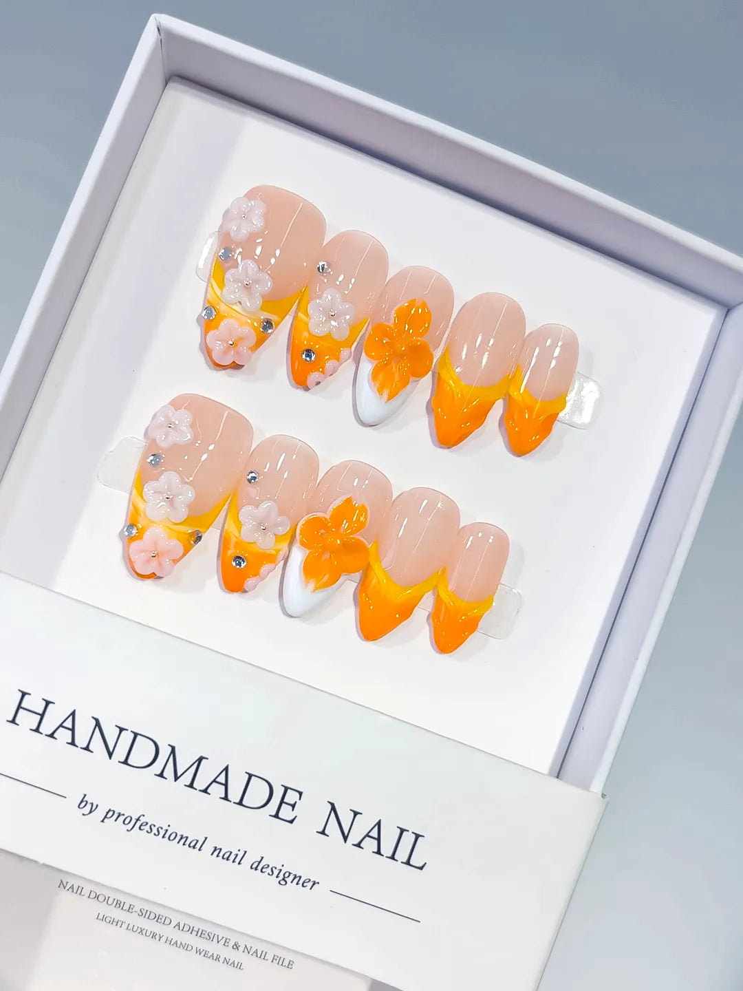Medium Nude Orange Almond French tip Flower Rhinestone