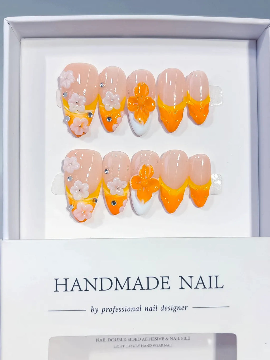 Medium Nude Orange Almond French tip Flower Rhinestone