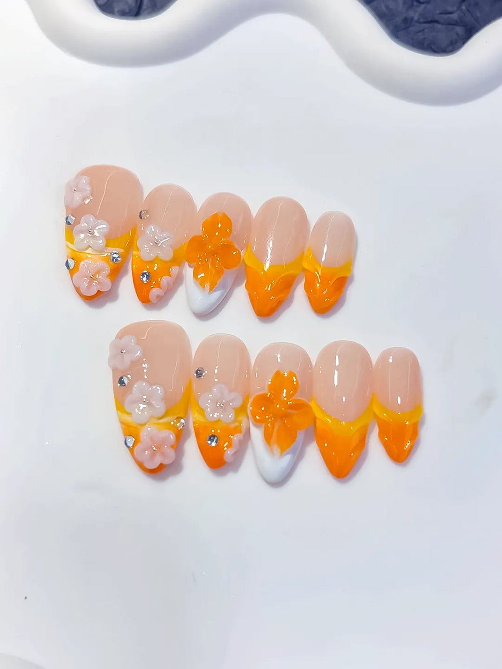 Medium Nude Orange Almond French tip Flower Rhinestone