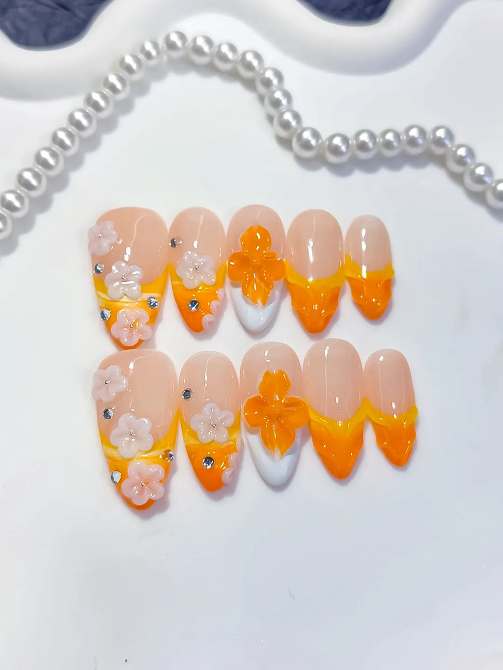 Medium Nude Orange Almond French tip Flower Rhinestone