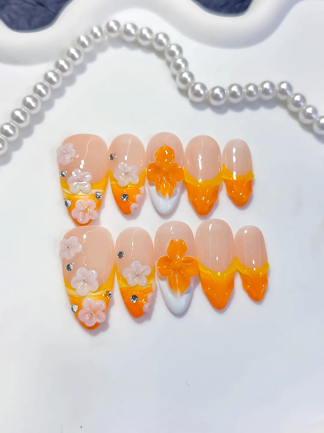 Medium Nude Orange Almond French tip Flower Rhinestone