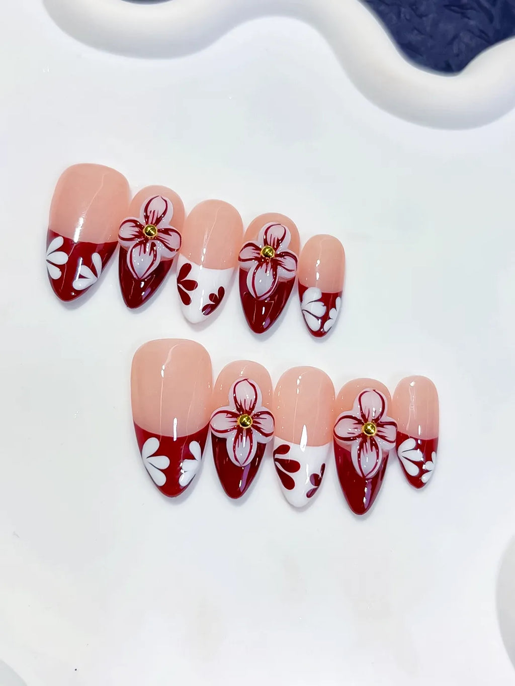 Medium Nude Red Almond French tip Flower