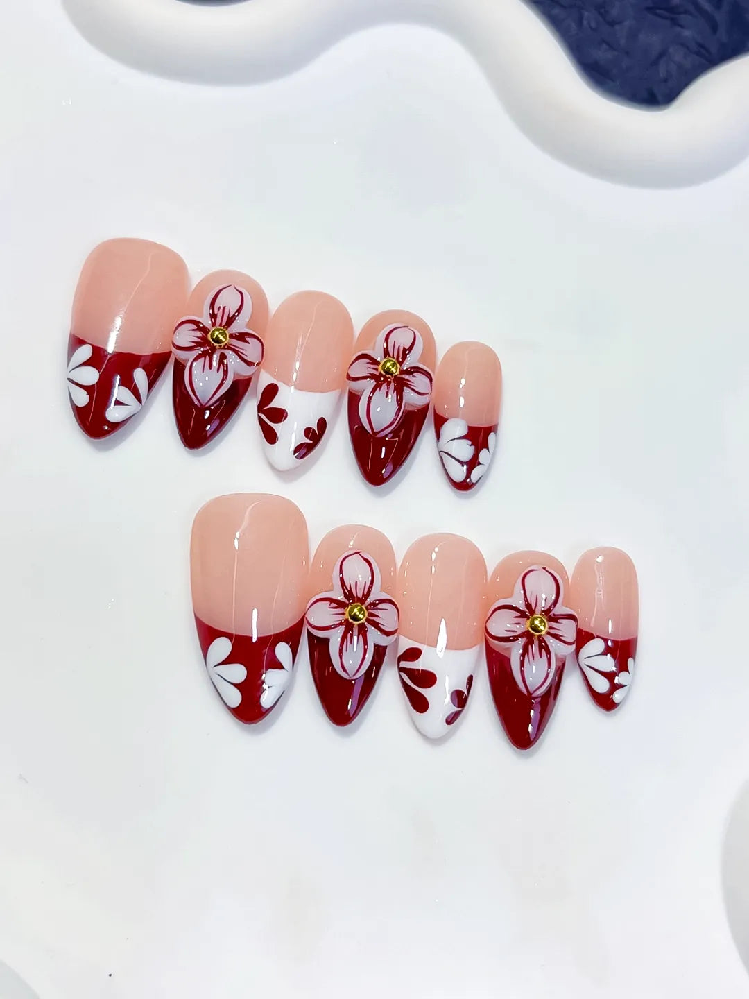 Medium Nude Red Almond French tip Flower