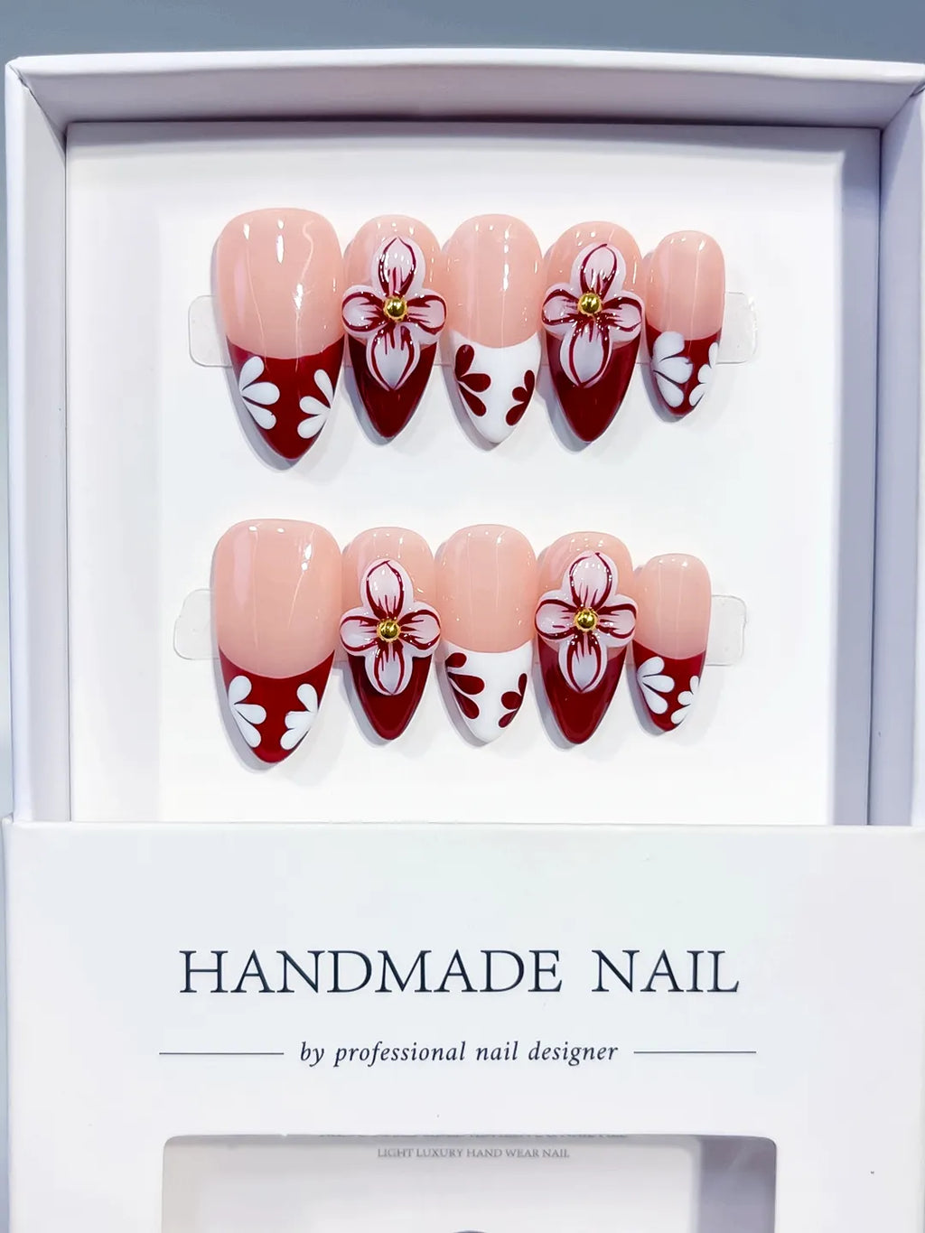 Medium Nude Red Almond French tip Flower