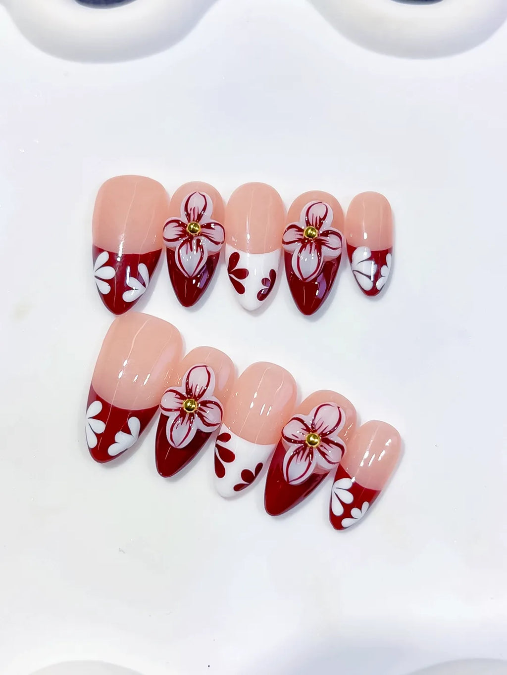 Medium Nude Red Almond French tip Flower