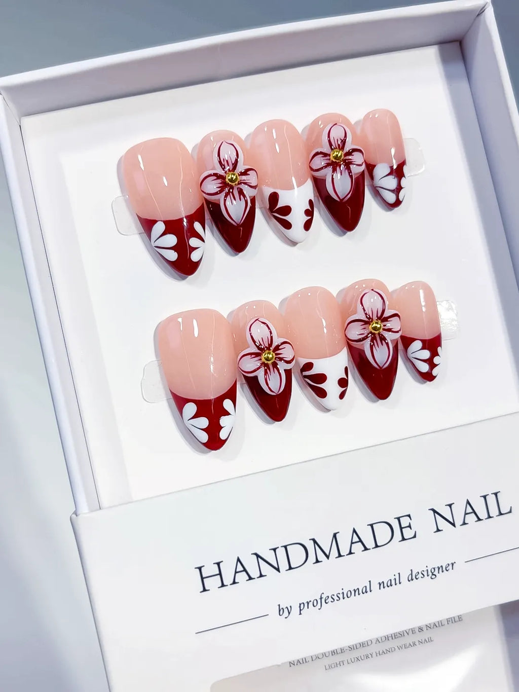 Medium Nude Red Almond French tip Flower