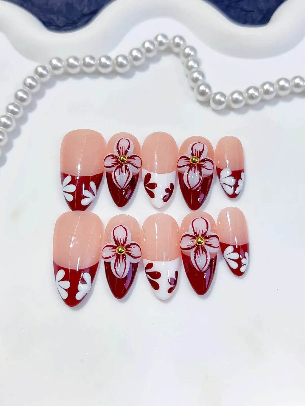 Medium Nude Red Almond French tip Flower