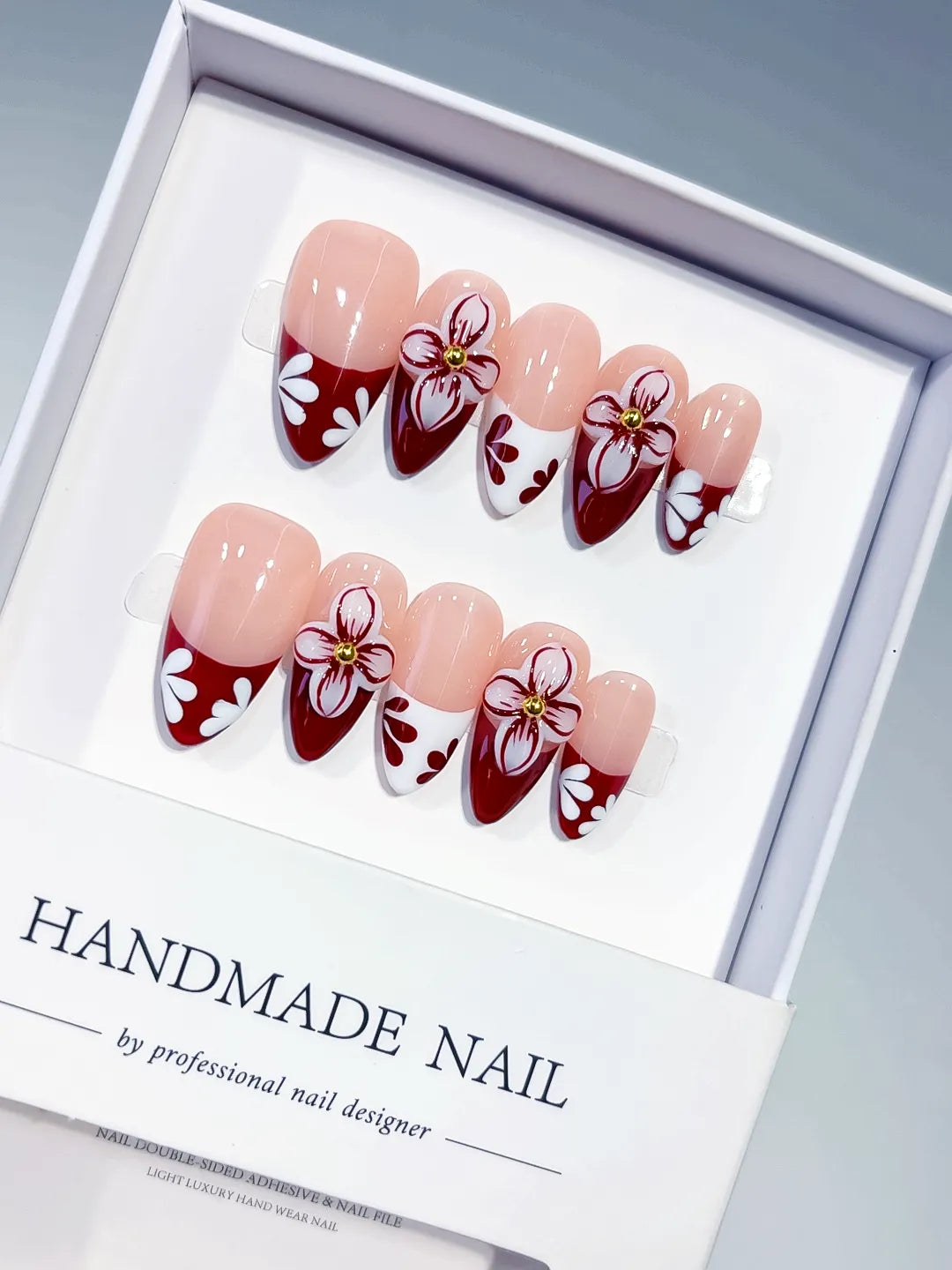 Medium Nude Red Almond French tip Flower