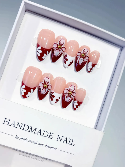 Medium Nude Red Almond French tip Flower