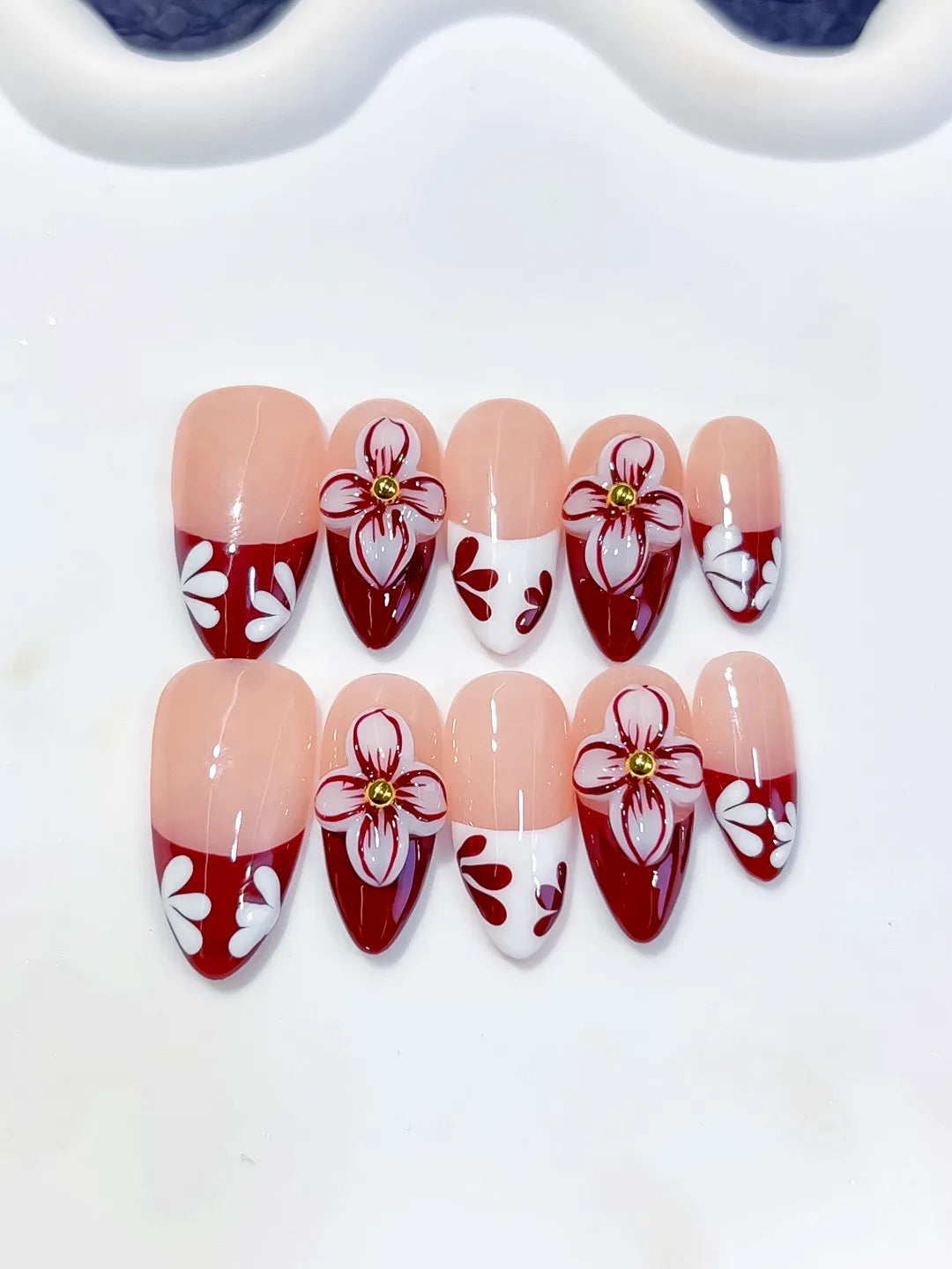 Medium Nude Red Almond French tip Flower