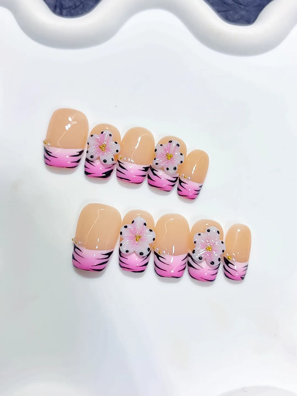 Short Nude Pink Coffin French tip Flower Animal Print