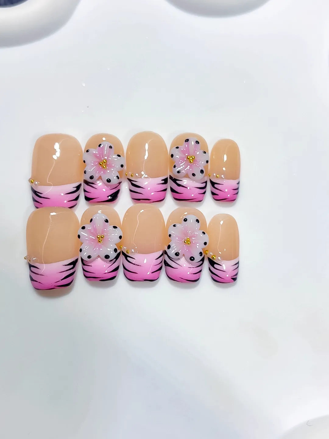 Short Nude Pink Coffin French tip Flower Animal Print