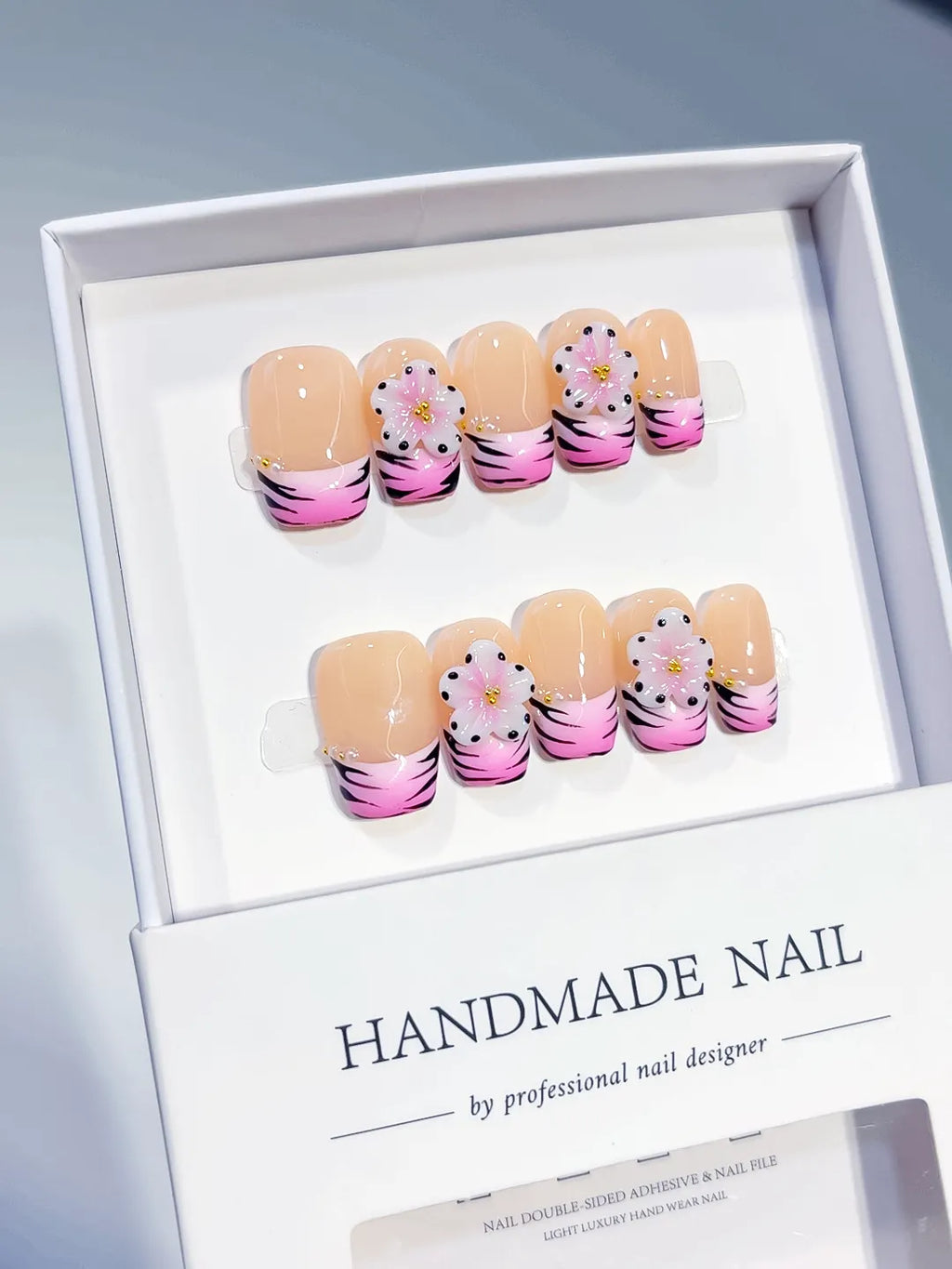 Short Nude Pink Coffin French tip Flower Animal Print
