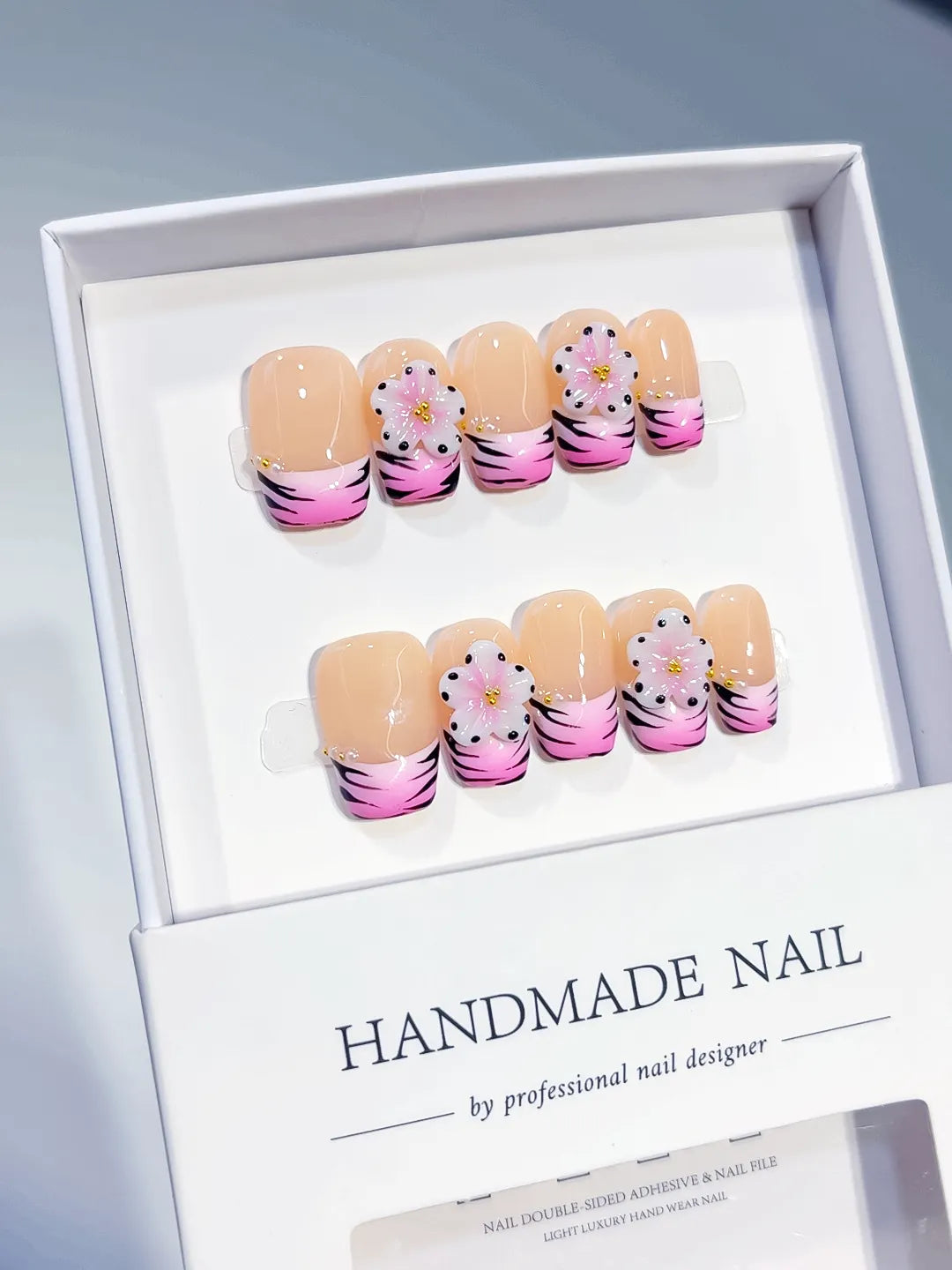 Short Nude Pink Coffin French tip Flower Animal Print