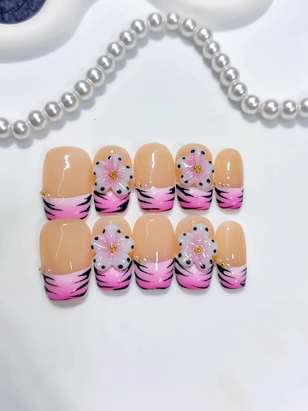Short Nude Pink Coffin French tip Flower Animal Print