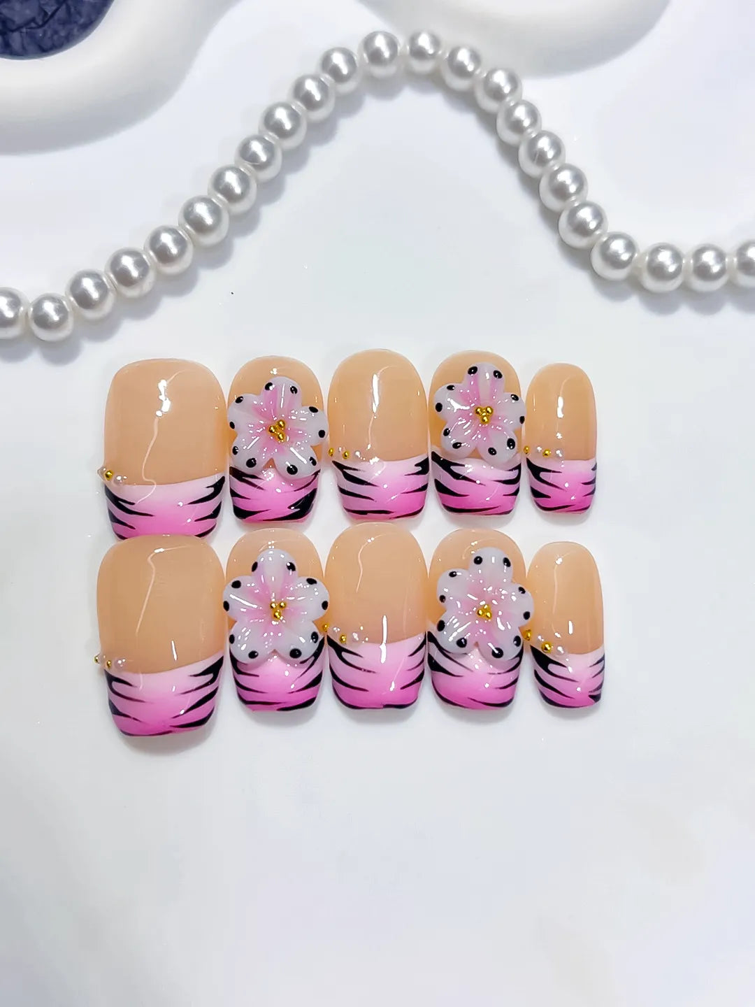 Short Nude Pink Coffin French tip Flower Animal Print