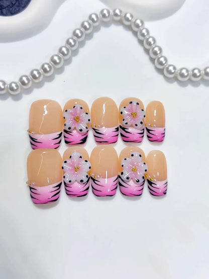 Short Nude Pink Coffin French tip Flower Animal Print