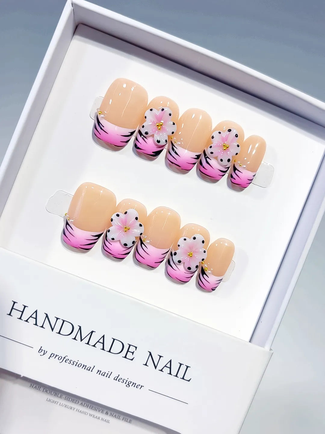 Short Nude Pink Coffin French tip Flower Animal Print