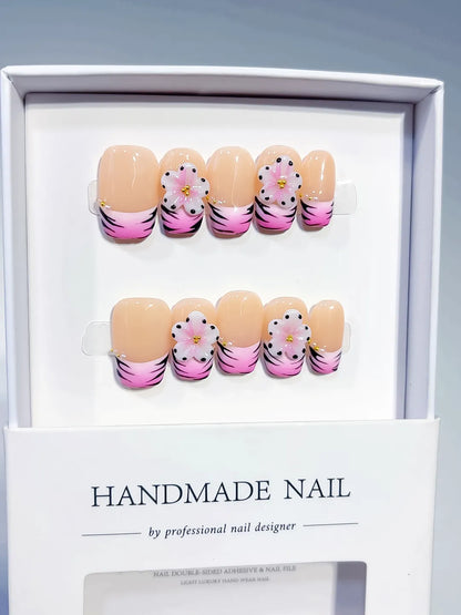 Short Nude Pink Coffin French tip Flower Animal Print