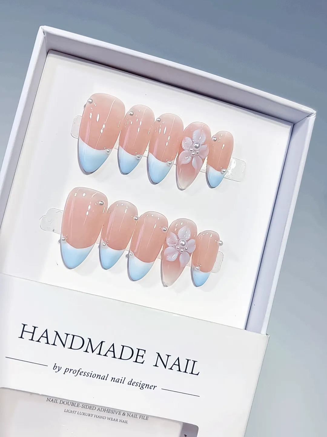 Medium Nude Blue Almond French tip Flower Pearl