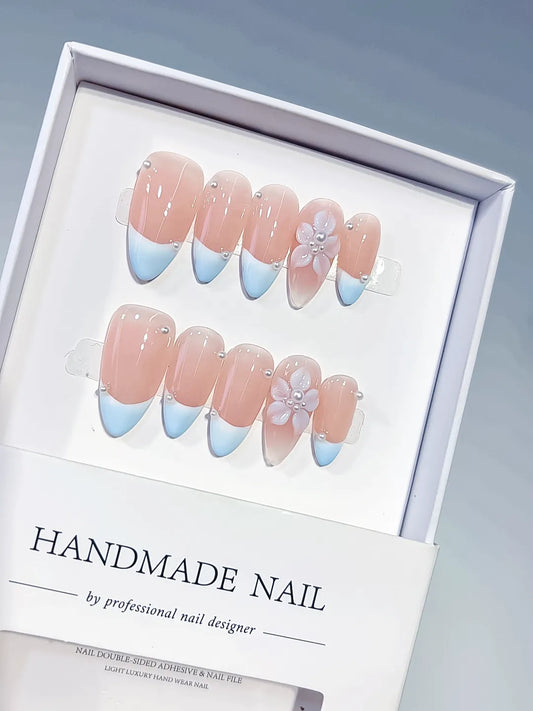 Medium Nude Blue Almond French tip Flower Pearl