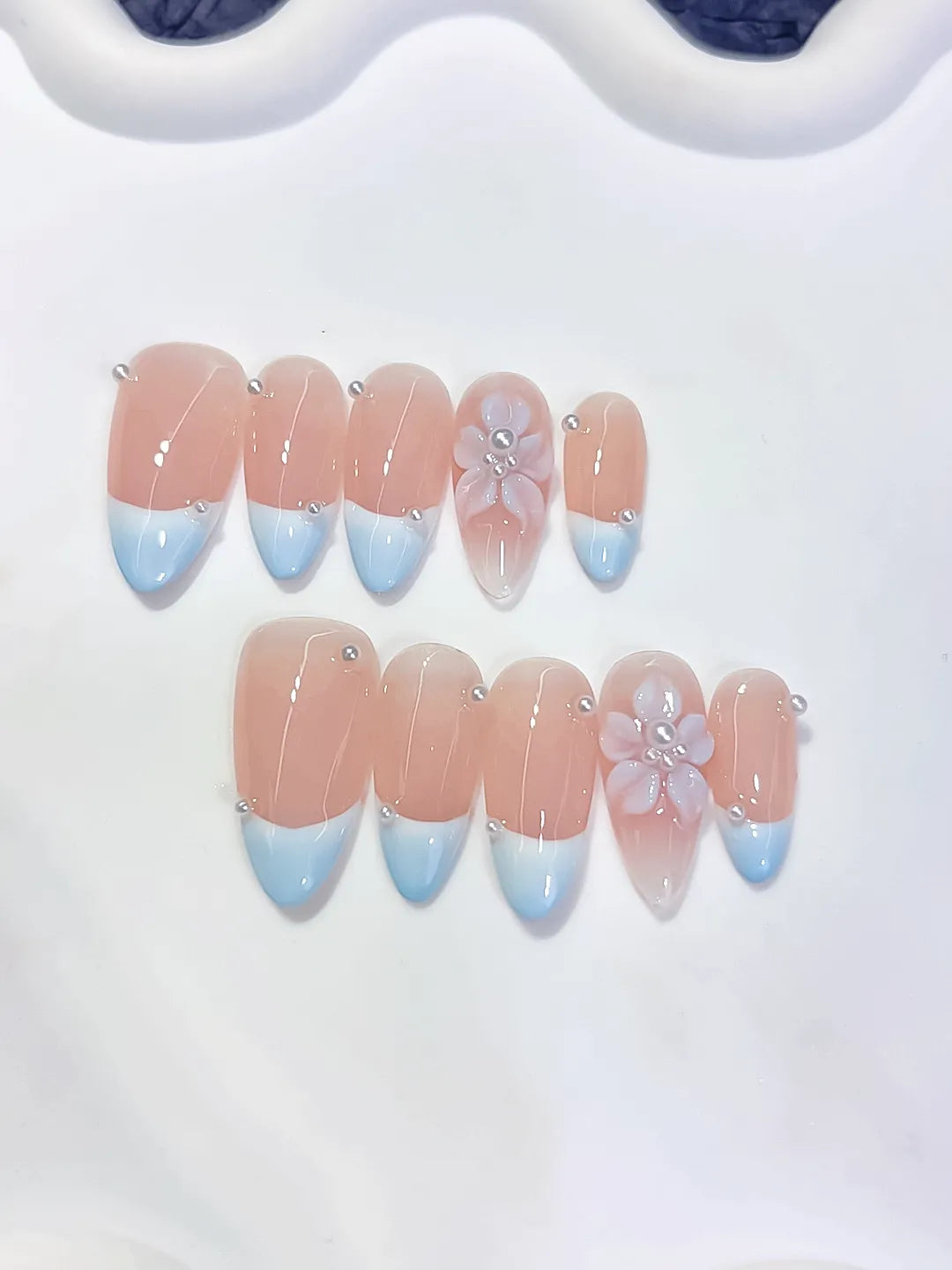 Medium Nude Blue Almond French tip Flower Pearl