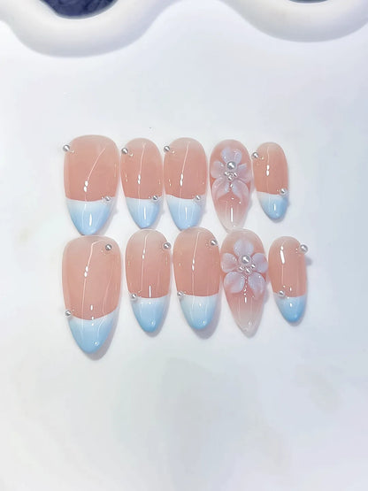 Medium Nude Blue Almond French tip Flower Pearl