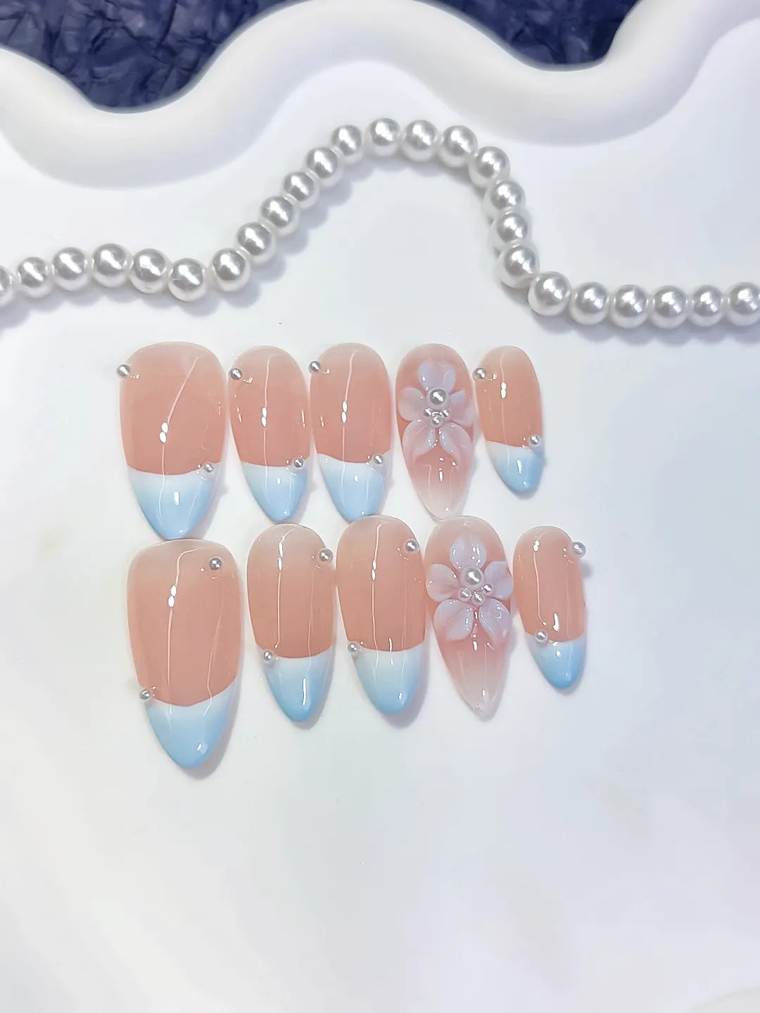 Medium Nude Blue Almond French tip Flower Pearl