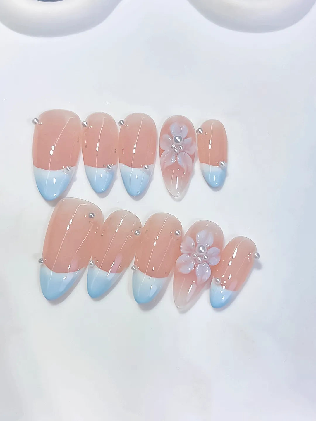Medium Nude Blue Almond French tip Flower Pearl