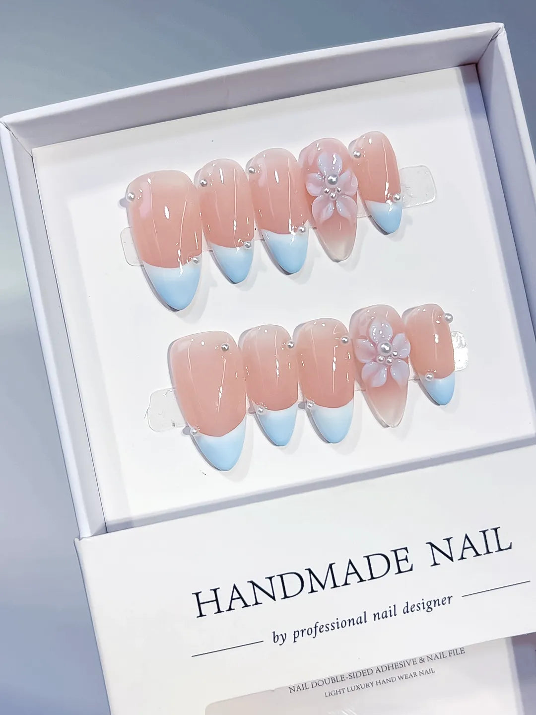 Medium Nude Blue Almond French tip Flower Pearl