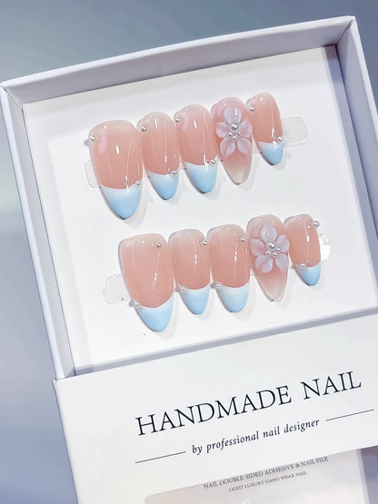 Medium Nude Blue Almond French tip Flower Pearl