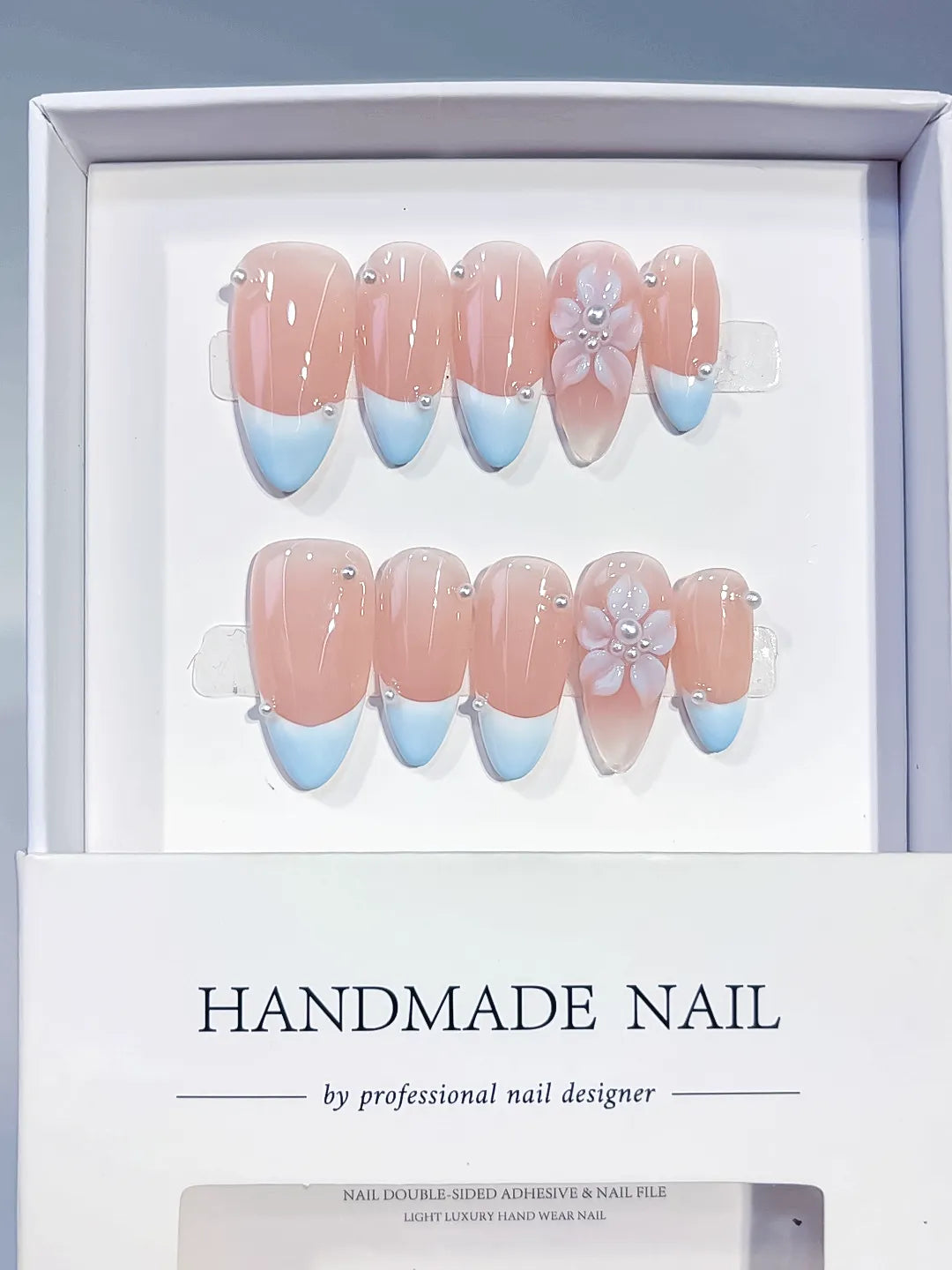 Medium Nude Blue Almond French tip Flower Pearl