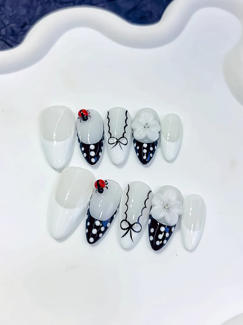 Medium White Black Almond French tip Flower Ladybug