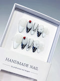 Medium White Black Almond French tip Flower Ladybug